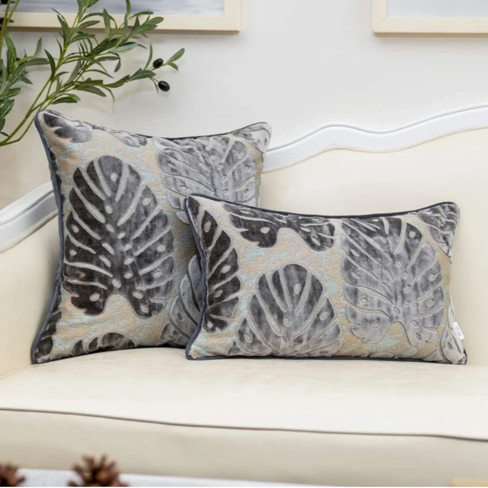 Luxury Home | Boho Grey Velvet Tropical Leaf Jaquard Lumbar Throw Pillow Cover
